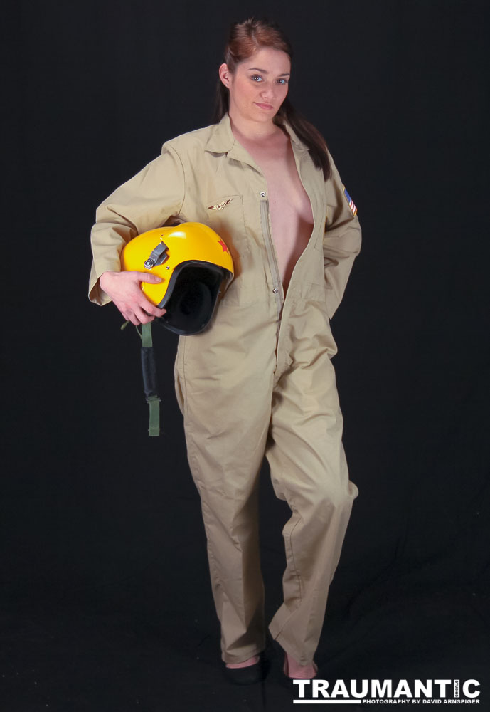 Lindsey was visiting and wanted to shoot, and I had an idea for a pinup based on a pilot's helmet I had recently been given.  So we went to a local military surplus and whipped up a pilot costume and did this shoot.